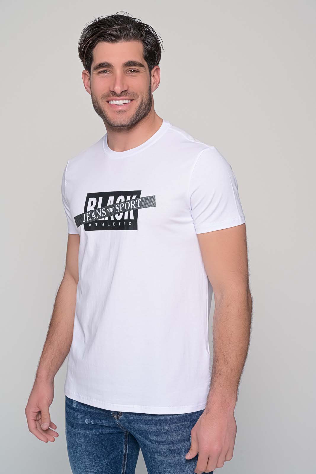 T-shirt με κοντό μανίκι και λαιμόκοψη με στάμπα μπροστά | ΑΝΔΡΙΚΟ T-SHIRT ΑΣΠΡΟ | Metropolifashioncity.gr